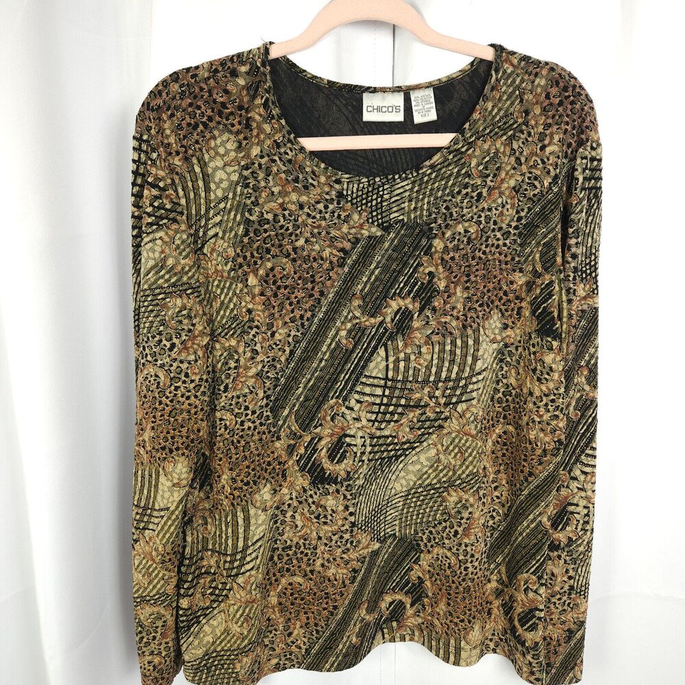 Chico's 2 Womens 12‎ Acetate Floral Long Sleeve Flower Blouse Made In Canada